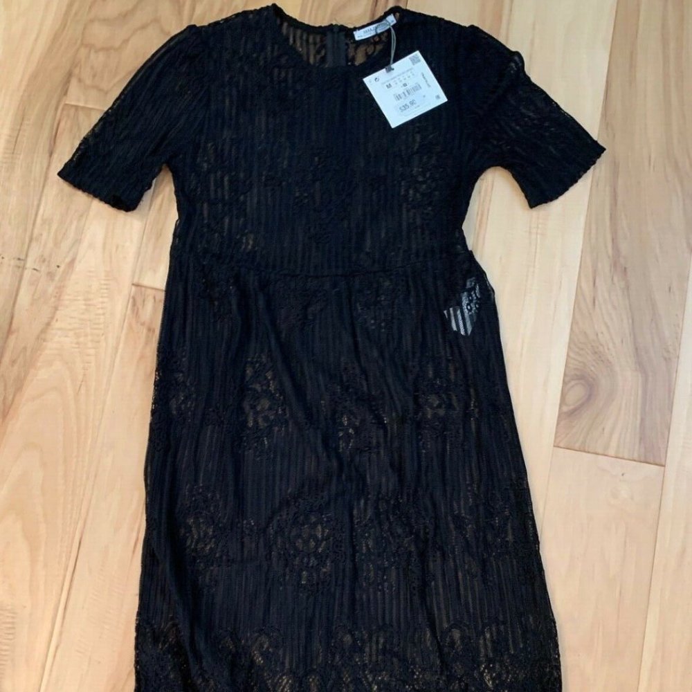 Zara Lace Midi Dress Short Sleeve Black Babydoll